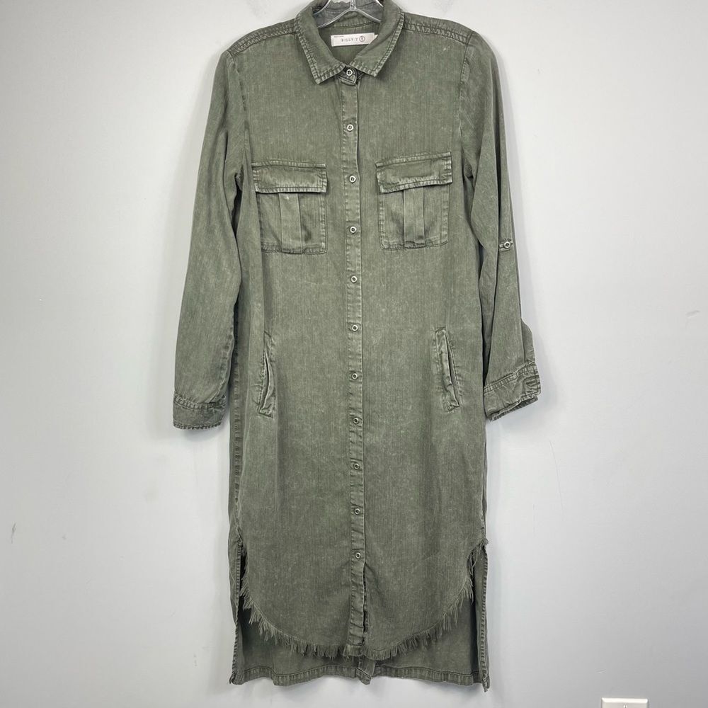 Billy T Leeway Faded Chambray Shirt Dress XS Army Olive Green Utility Boho MIDI - Picture 3 of 16